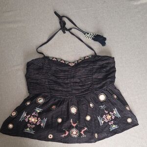 Embroidered Black Halter Top Free People